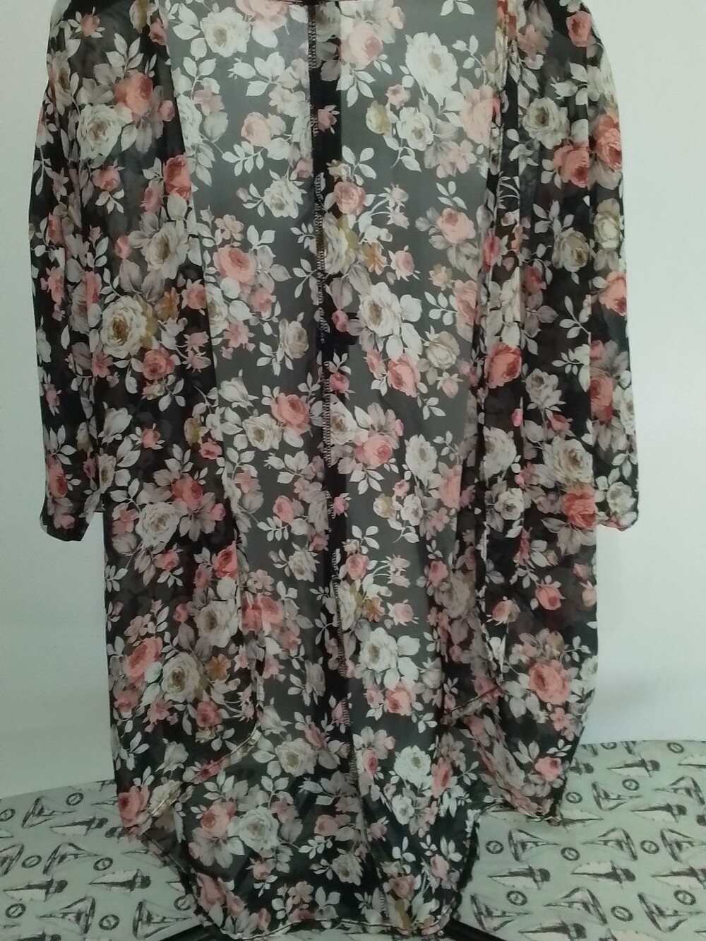Floral Sheer Kimono Cardigan - Black with Pink & Cream Roses